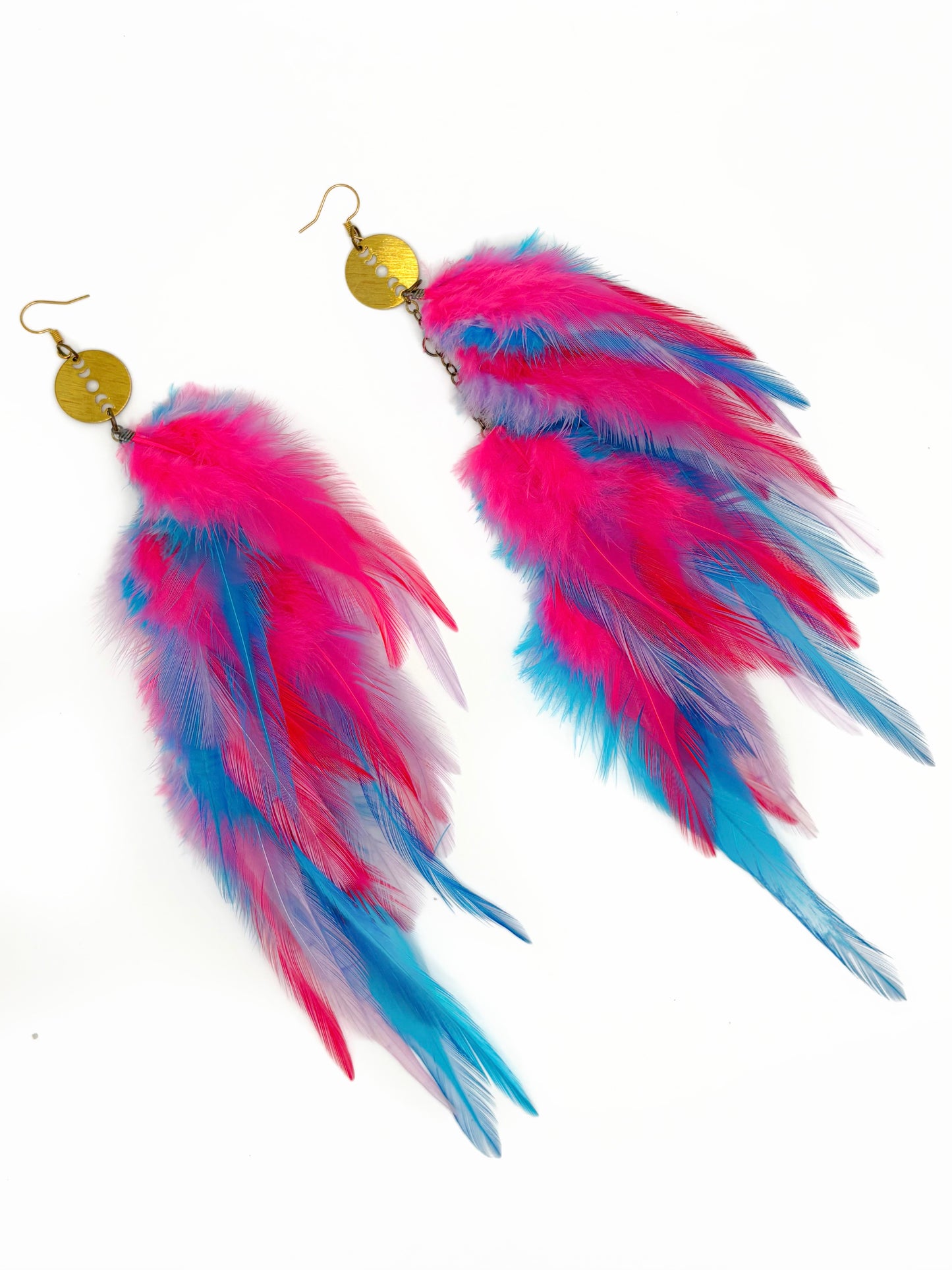 Pink and blue feather earrings.