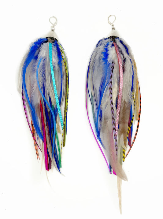 Fluffy white and rainbow feather and leather earrings. 