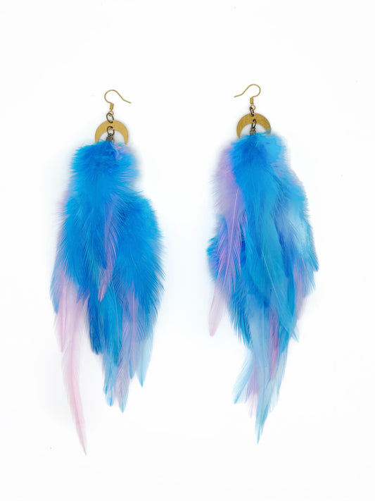 Long blue feather earrings. 