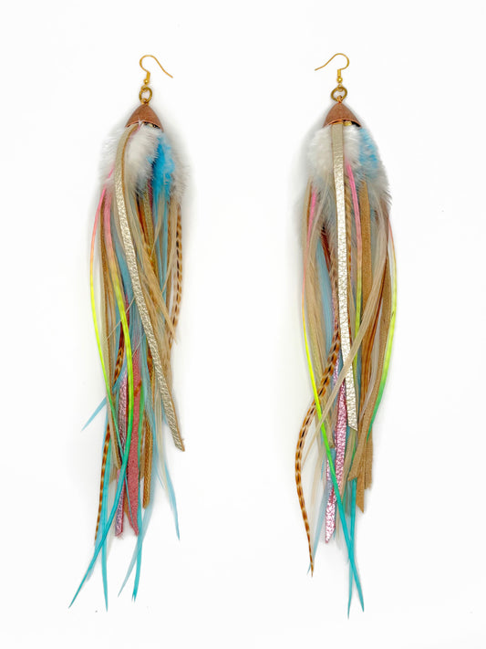 Multicolored feather earrings on a white background