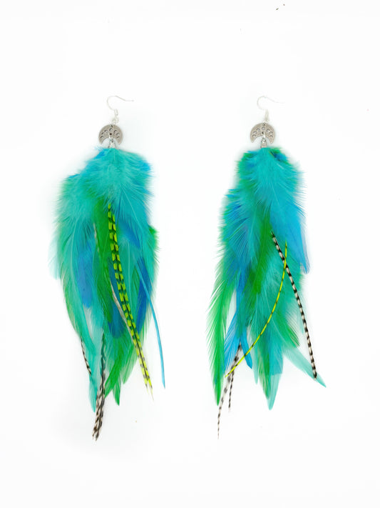 Long green feather earrings. 