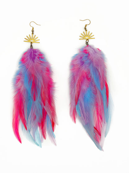 Bright lavender, neon pink and light blue.