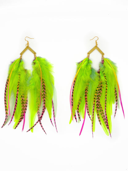 Pair of neon green feather earrings with pink accents on a white background