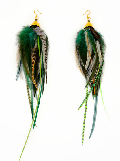 Long bohemian feather earrings featuring soft brown, beige and green rooster feathers cascading from gold cap pendants, handmade in Brooklyn.
