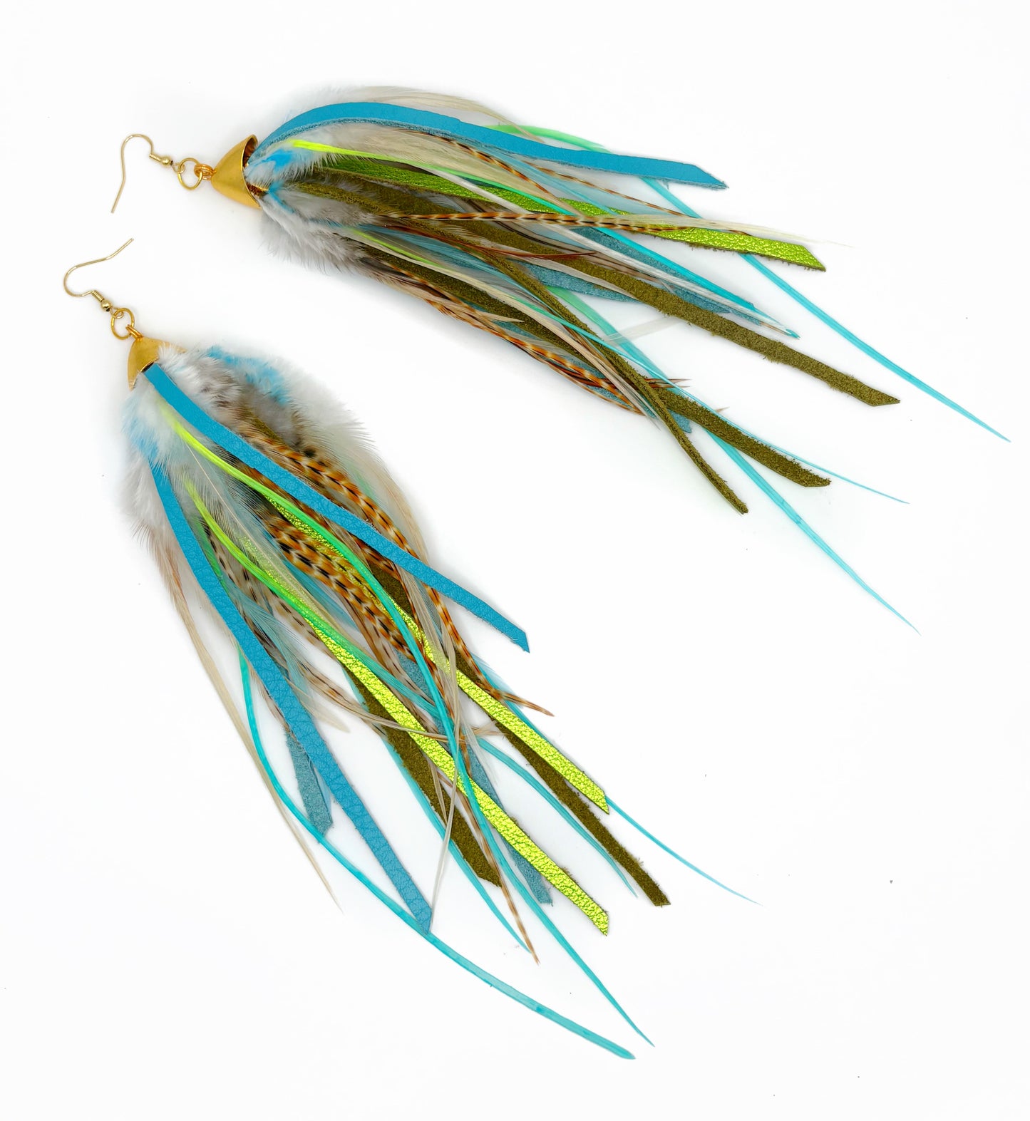 Feather earrings with blue, green, and brown feathers on a white background