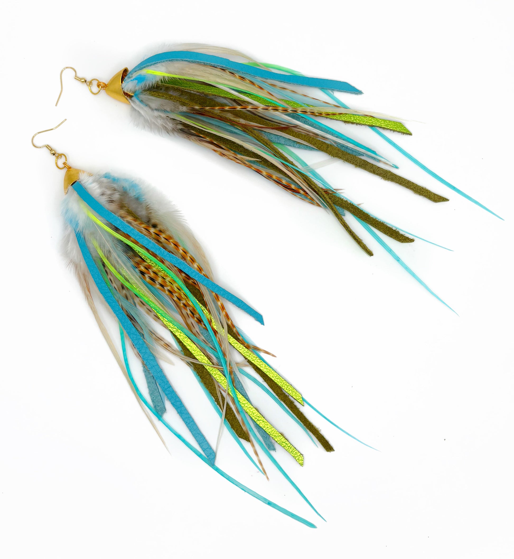 Feather earrings with blue, green, and brown feathers on a white background
