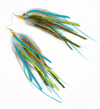 Feather earrings with blue, green, and brown feathers on a white background