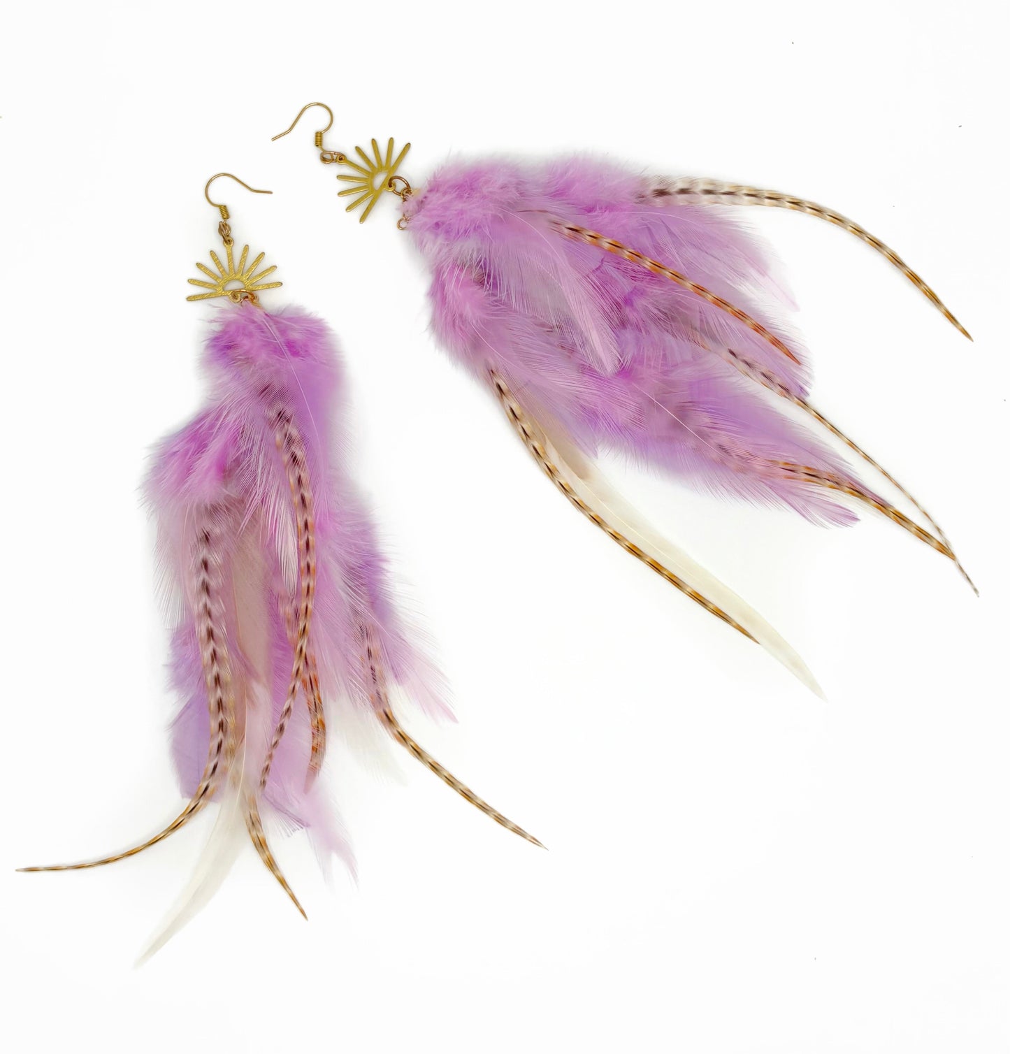 Purple feather earrings with gold accents on a white background