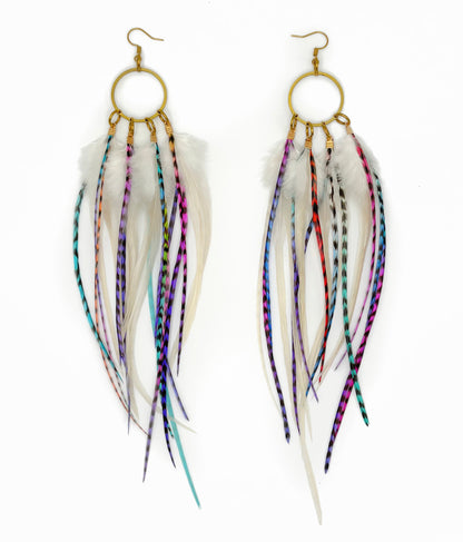 Feather earrings with multicolored strands on a white background
