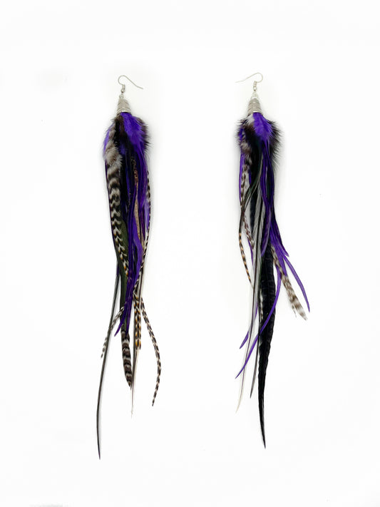 Long black and purple feather earrings. All feathers hang elegantly from a silver cap pendant. 