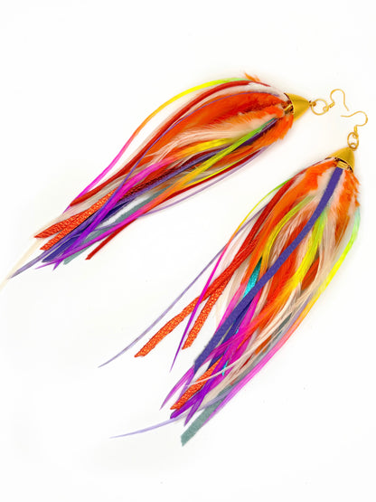 Colorful feather earrings on a white background