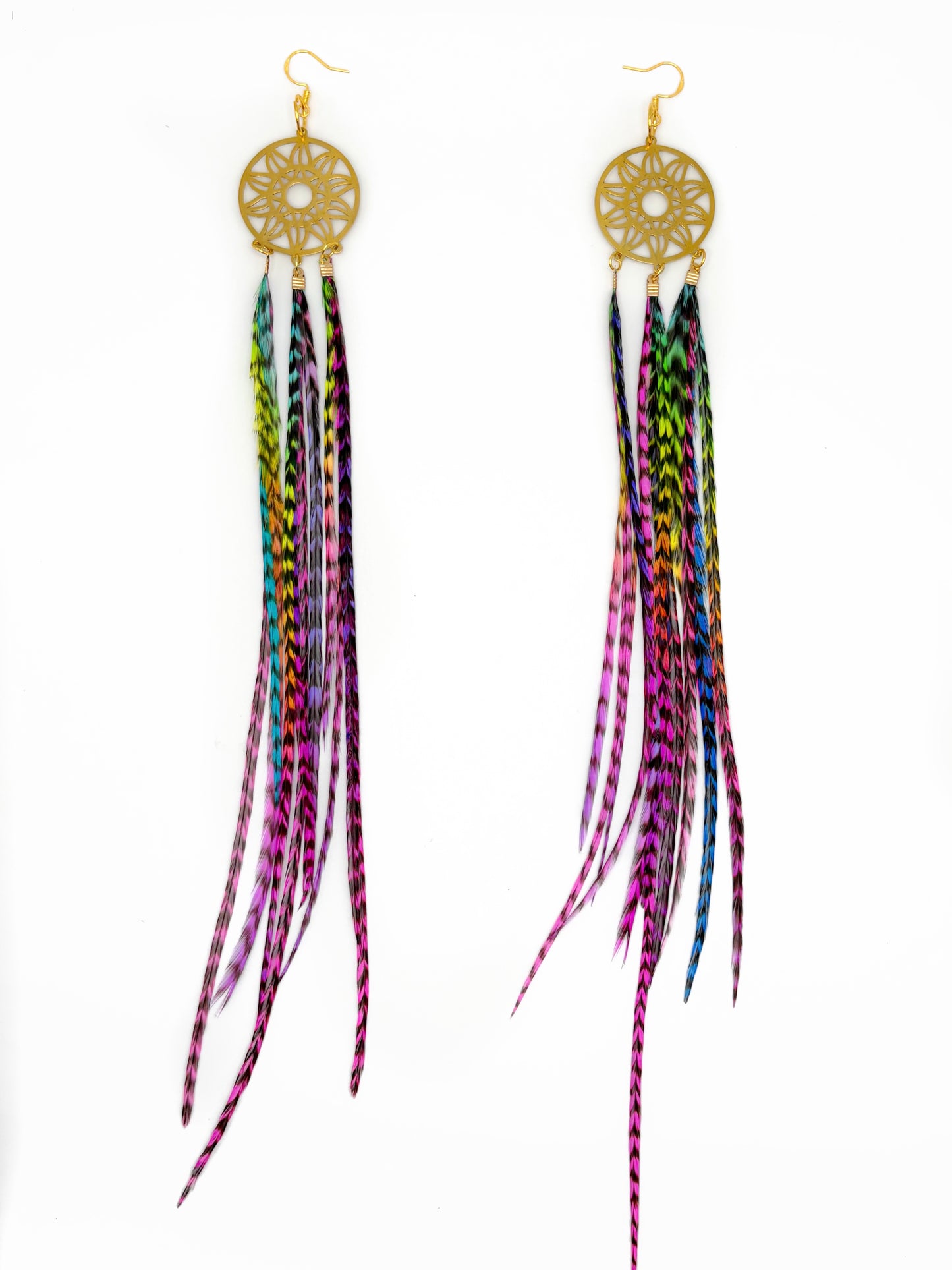 Feather earrings with gold dreamcatcher designs on a white background