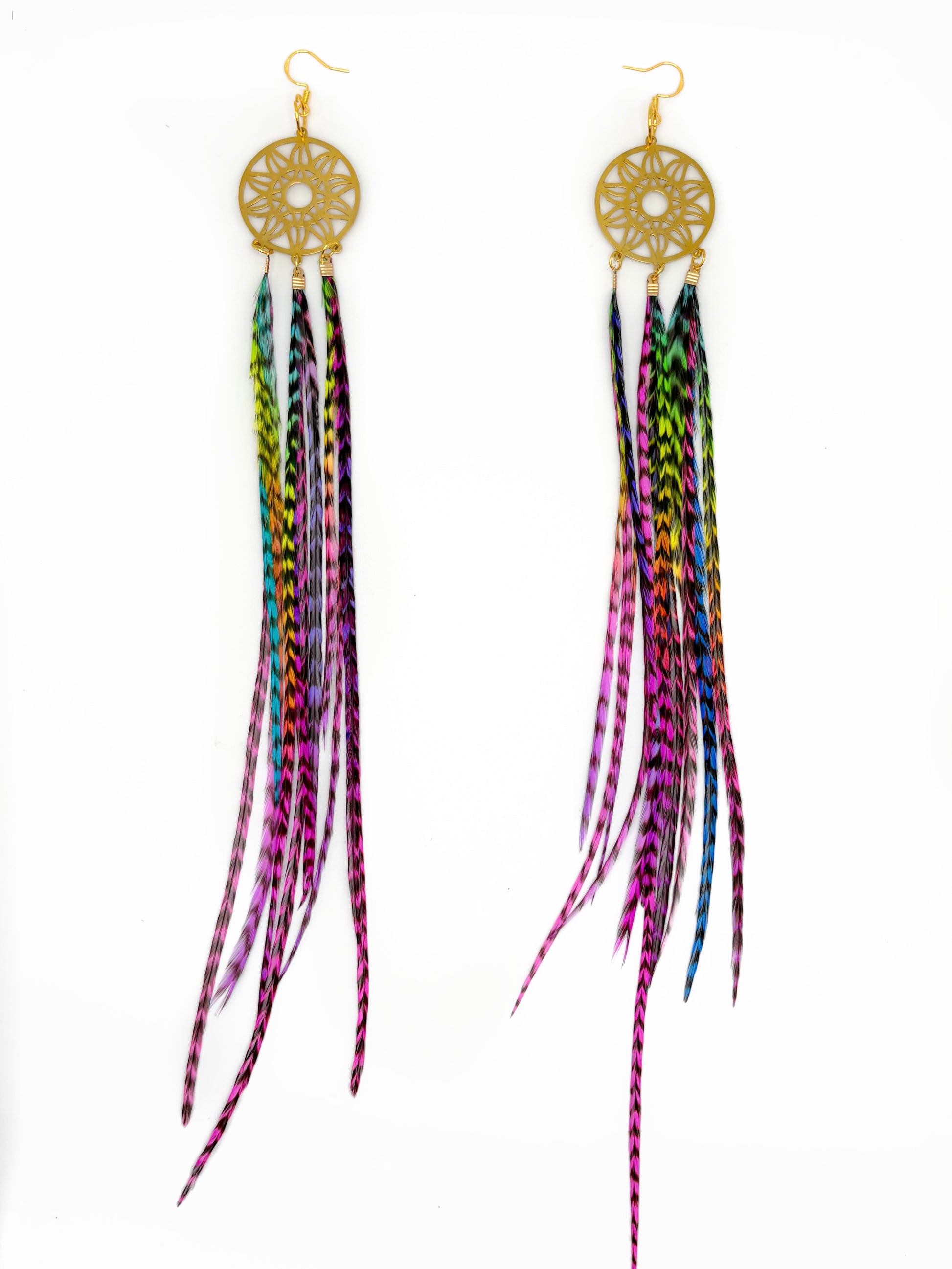 Feather earrings with gold dreamcatcher designs on a white background