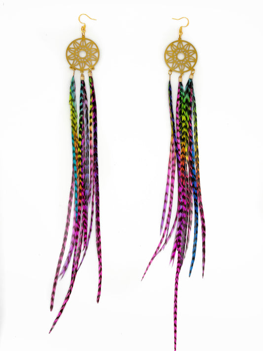 Feather earrings with gold dreamcatcher designs on a white background