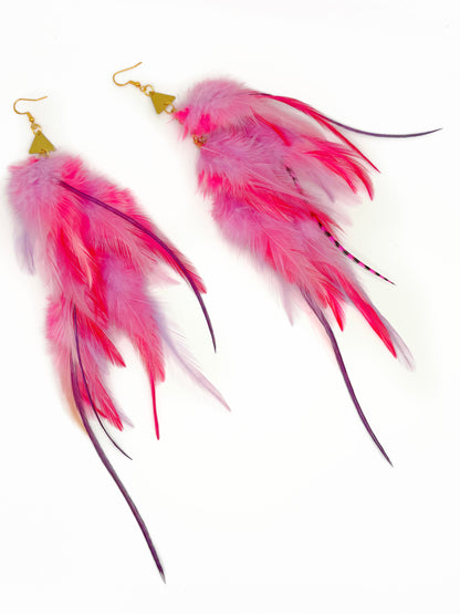 Pink feather earrings on a white background