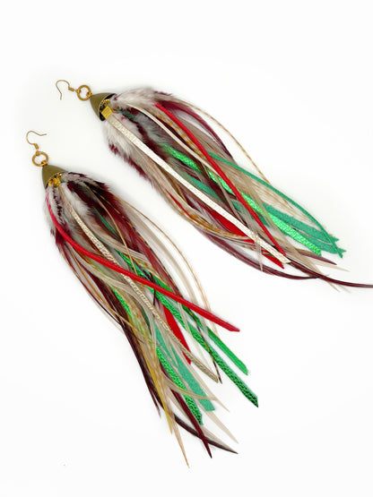 Feathered earrings with multicolor feathers on a white background