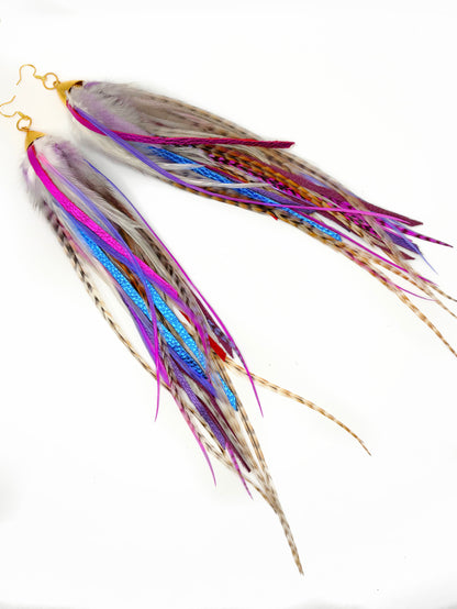 Colorful feather earrings on a white background