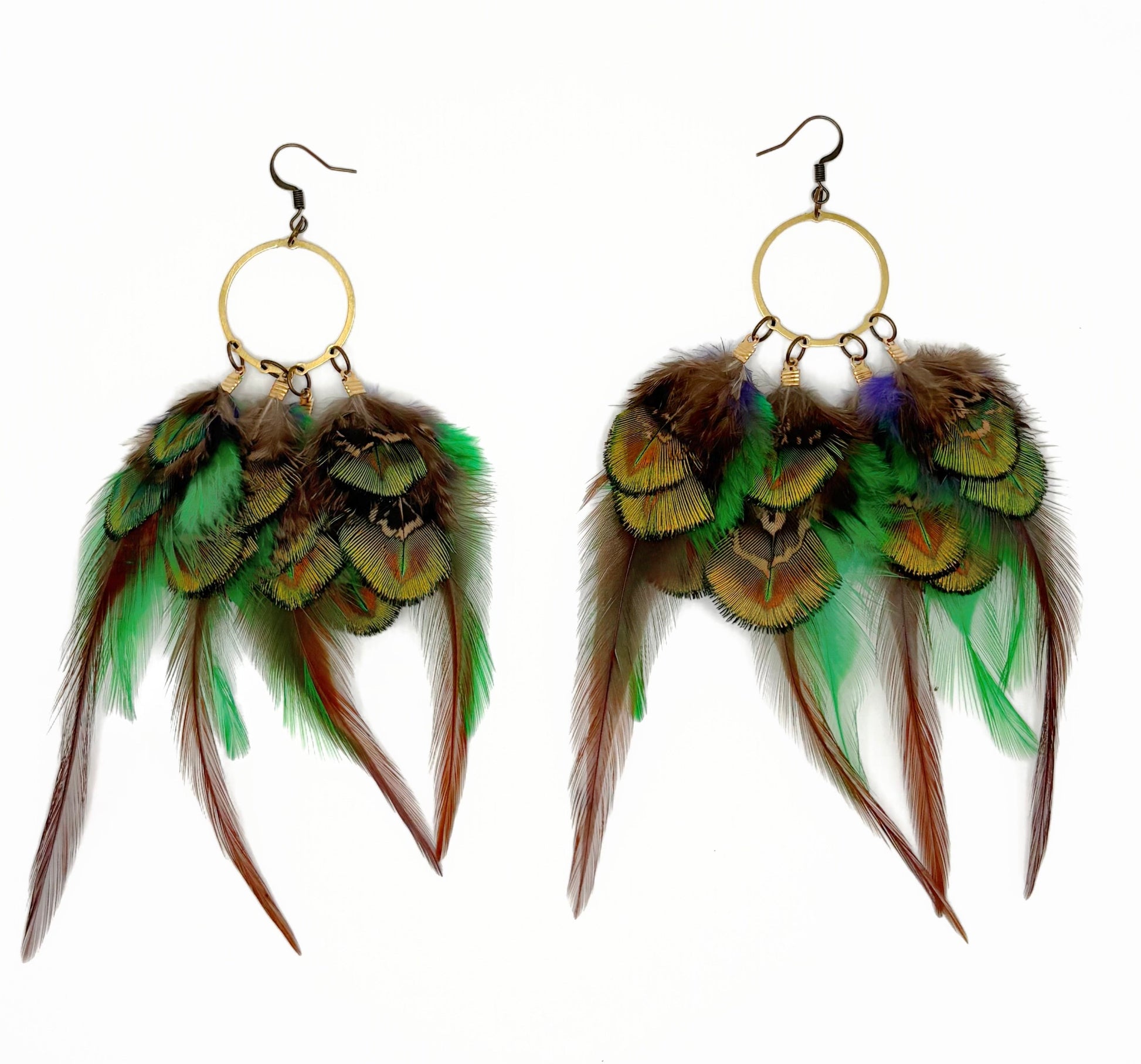 Feather earrings with green and brown feathers on a white background