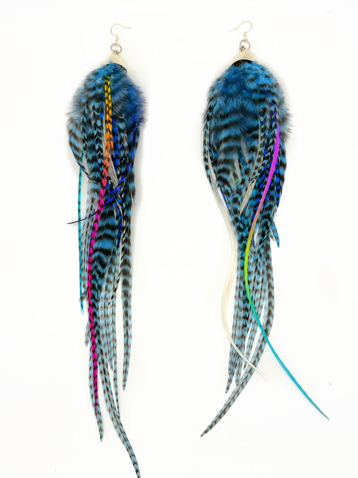 One-of-a-kind long bohemian feather earrings with fluffy white, blue and neon rooster feathers, silver caps, handmade in Brooklyn.