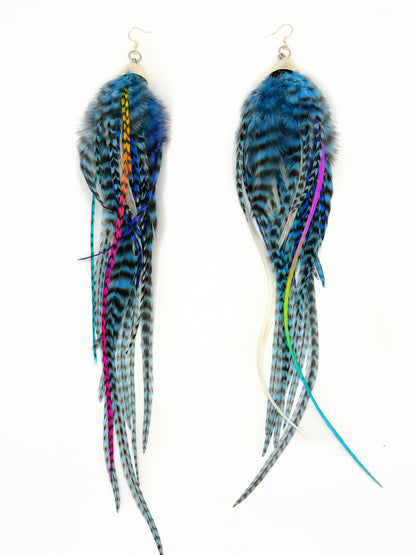 One-of-a-kind long bohemian feather earrings with fluffy white, blue and neon rooster feathers, silver caps, handmade in Brooklyn.