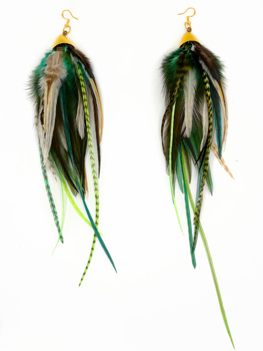Long bohemian feather earrings featuring soft brown, beige and green rooster feathers cascading from gold cap pendants, handmade in Brooklyn.