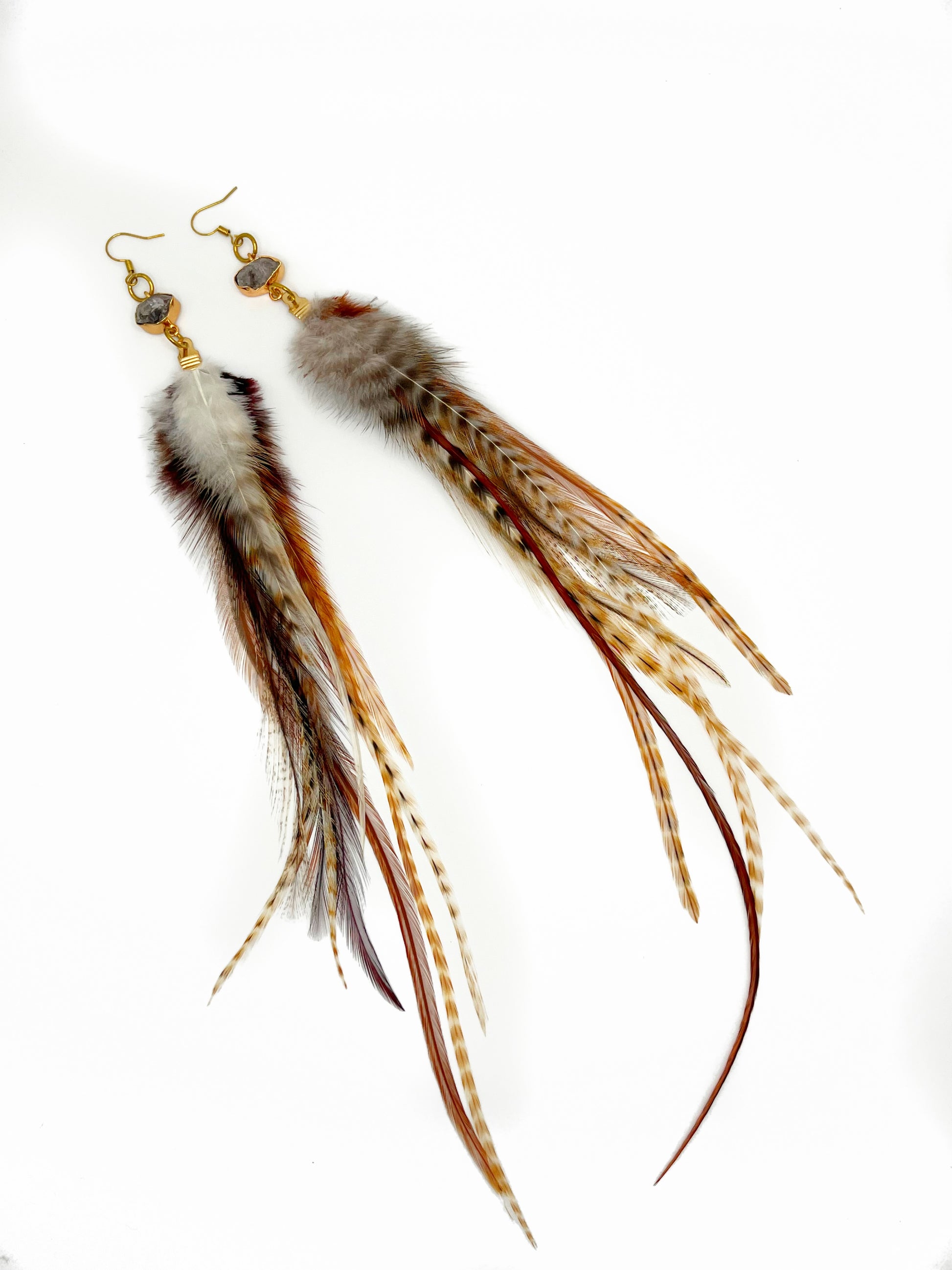 Long natural feather earrings with real Herkimer diamond connectors with gold accents. 