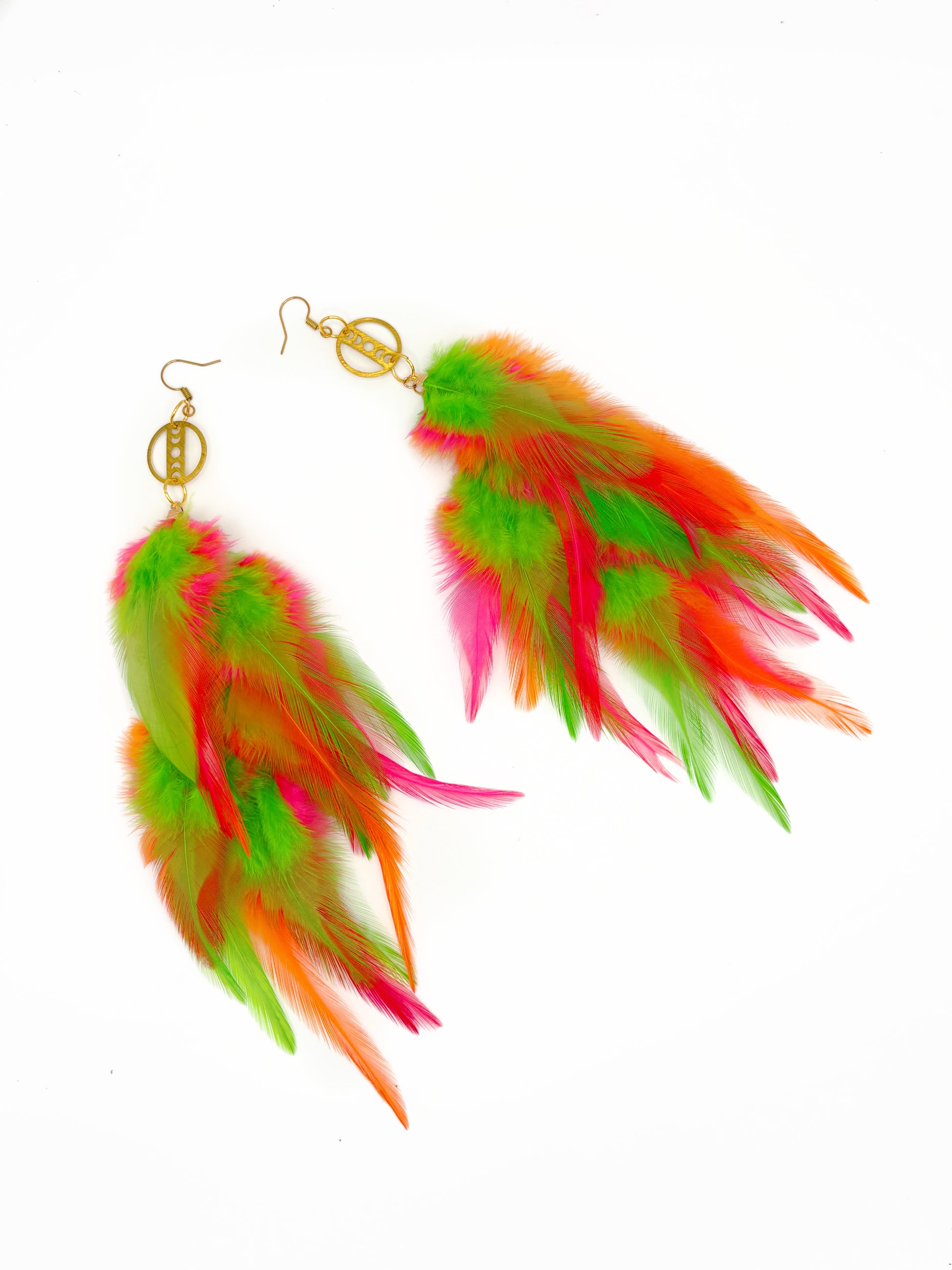 Colorful feather earrings on a white background