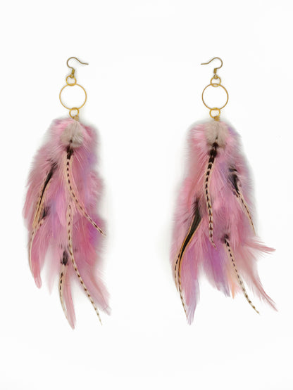 Pair of feather earrings with pink and gold accents on a white background