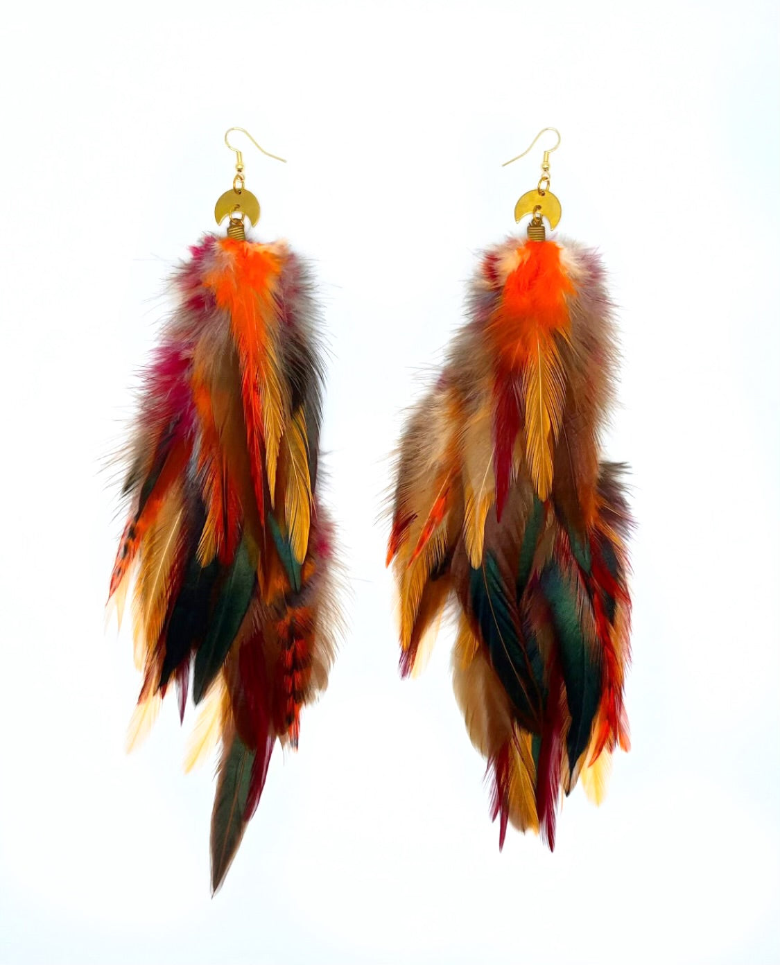 Luxurious Autumn's Gaze Long Feather Earrings with Warm Orange and Brown Tones and Gold moon Pendant.