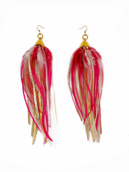 Pink and gold feather and leather earrings.