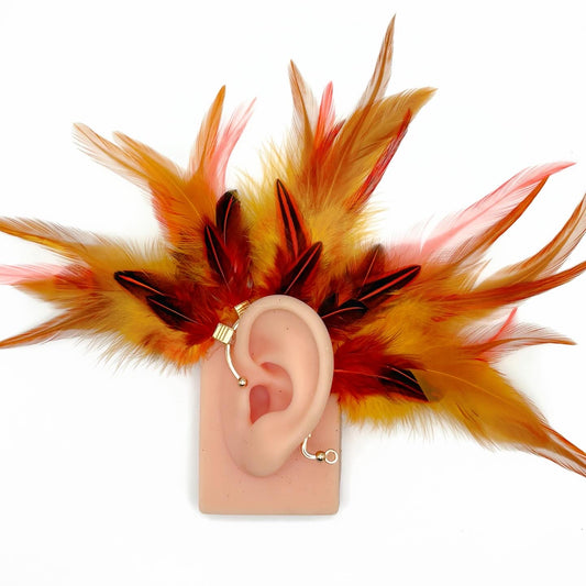 Yellow and orange feather ear cuff.
