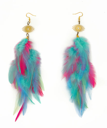 Multicolored feather earrings on a white background
