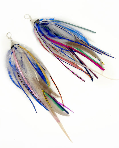 Fluffy white and rainbow feather and leather earrings. 