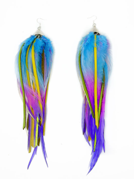 Vibrant feather and leather earrings in blue, pink, purple, yellow and green. 