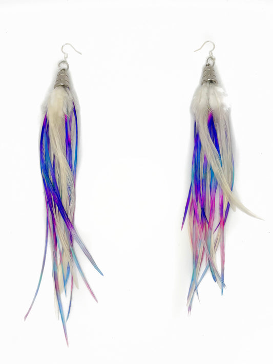Pair of earrings with multicolored feather-like strands on a white background