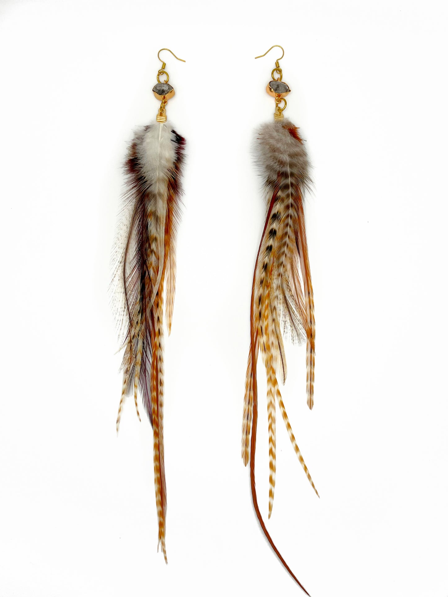 Long natural feather earrings with real Herkimer diamond connectors with gold accents. 