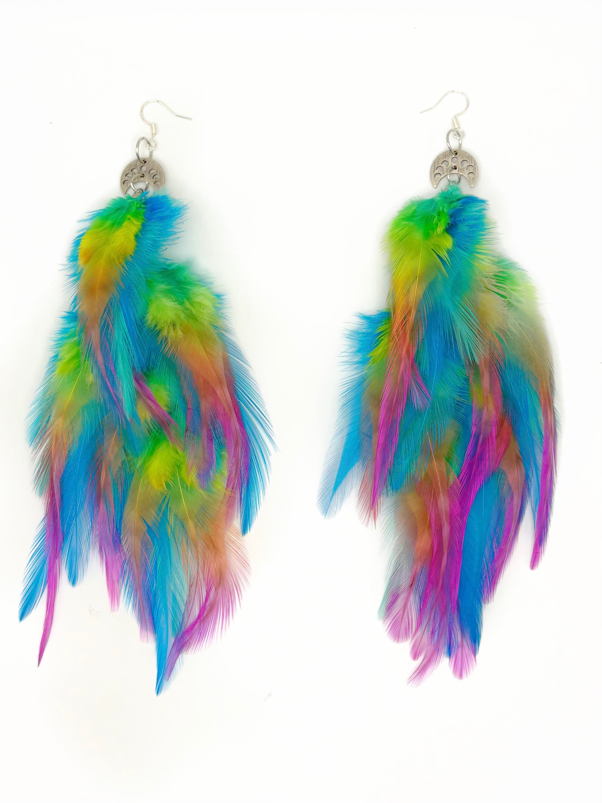 Multicolored feather earrings on a white background