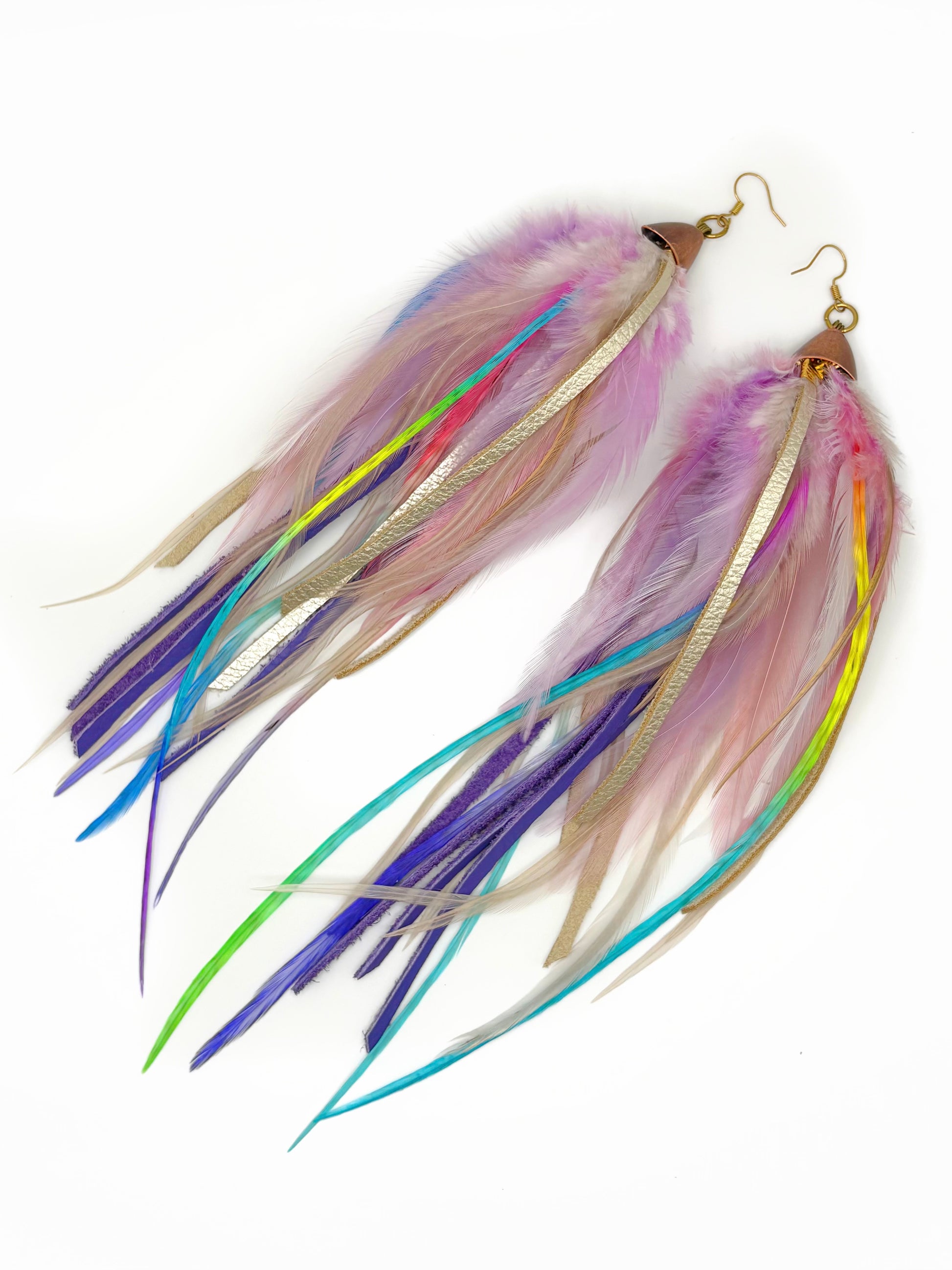 Feather earrings with multicolored strands on a white background