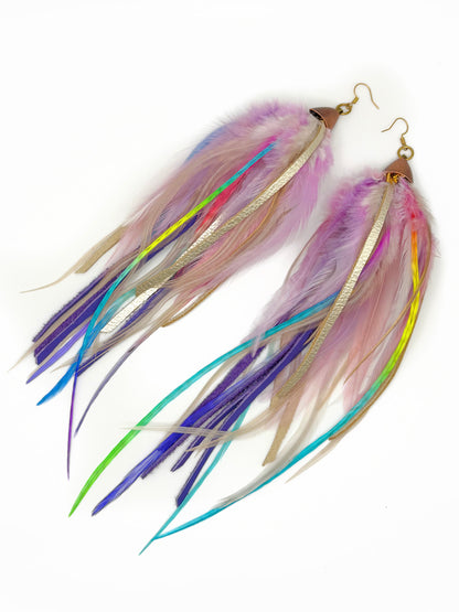 Feather earrings with multicolored strands on a white background