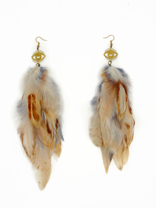 Long cream colored feather earrings. 