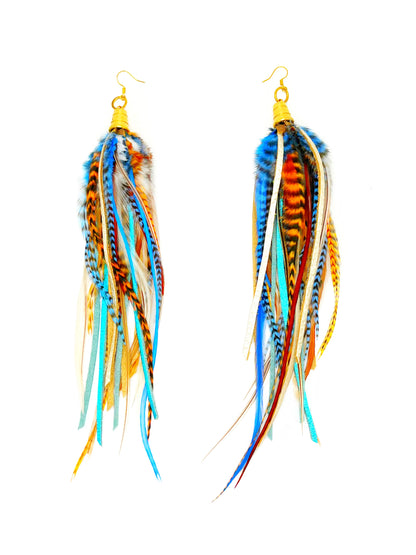 One of a Kind Long Feather and Leather Earrings - Orange Blue Sky