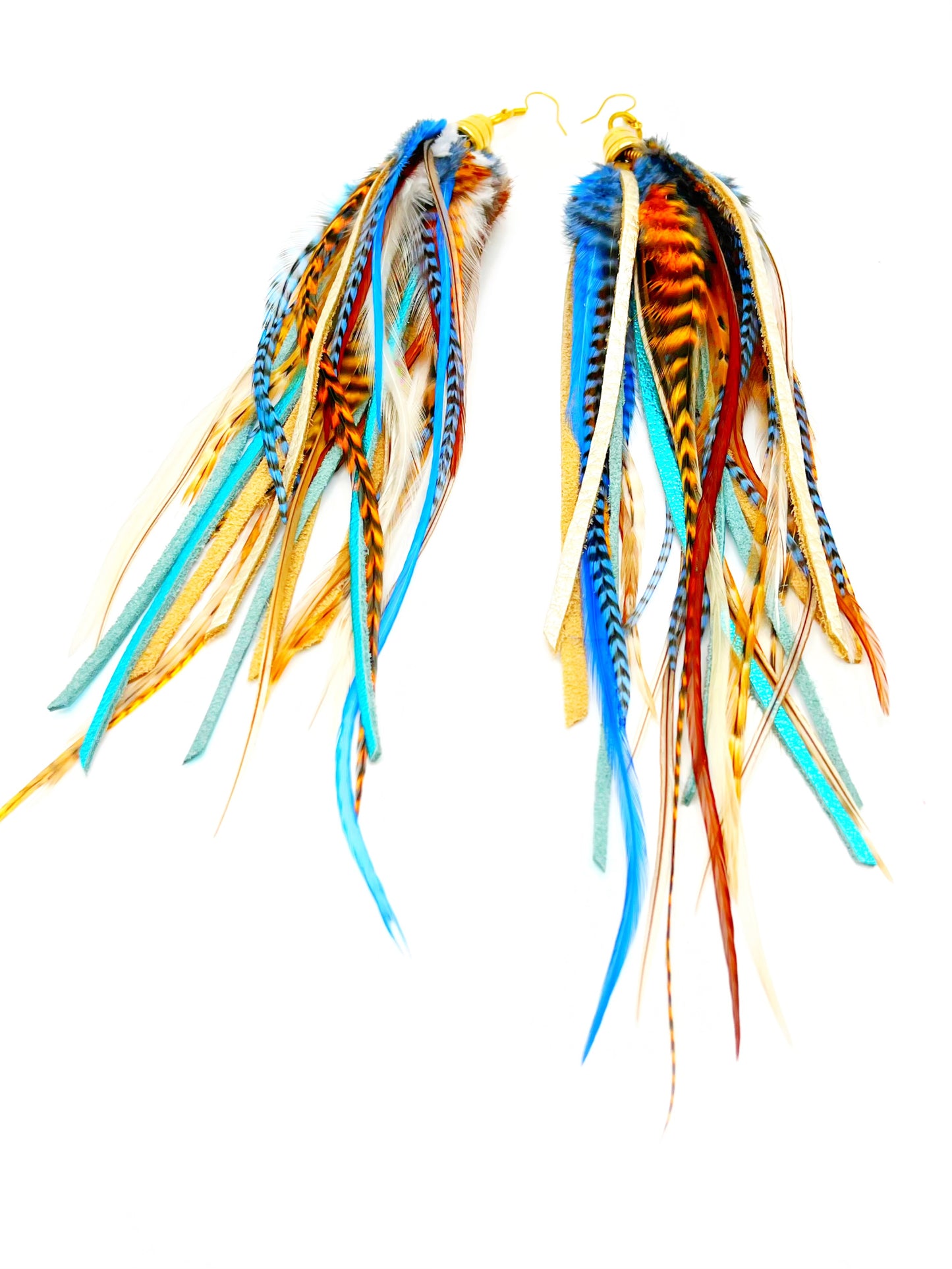 One of a Kind Long Feather and Leather Earrings - Orange Blue Sky